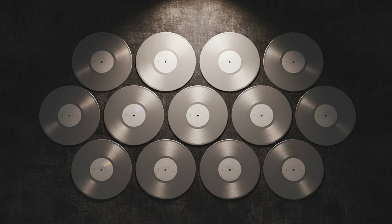 A collection of pristine, unmarked vinyl records with subtle, pearlescent labels arranged in an artful, geometric pattern against a velvet-textured, deep graphite surface. The records catch understated gleams from a muted overhead spotlight, casting softly blurred shadows that accentuate the forms and their symmetry. The shot is overhead, perfectly centered for balance and minimalist impact, invoking a sense of exclusivity and timelessness. The photographic realism and refined palette channel the aura of bespoke music curation and the thoughtfully curated approach of Arkad Music Group.