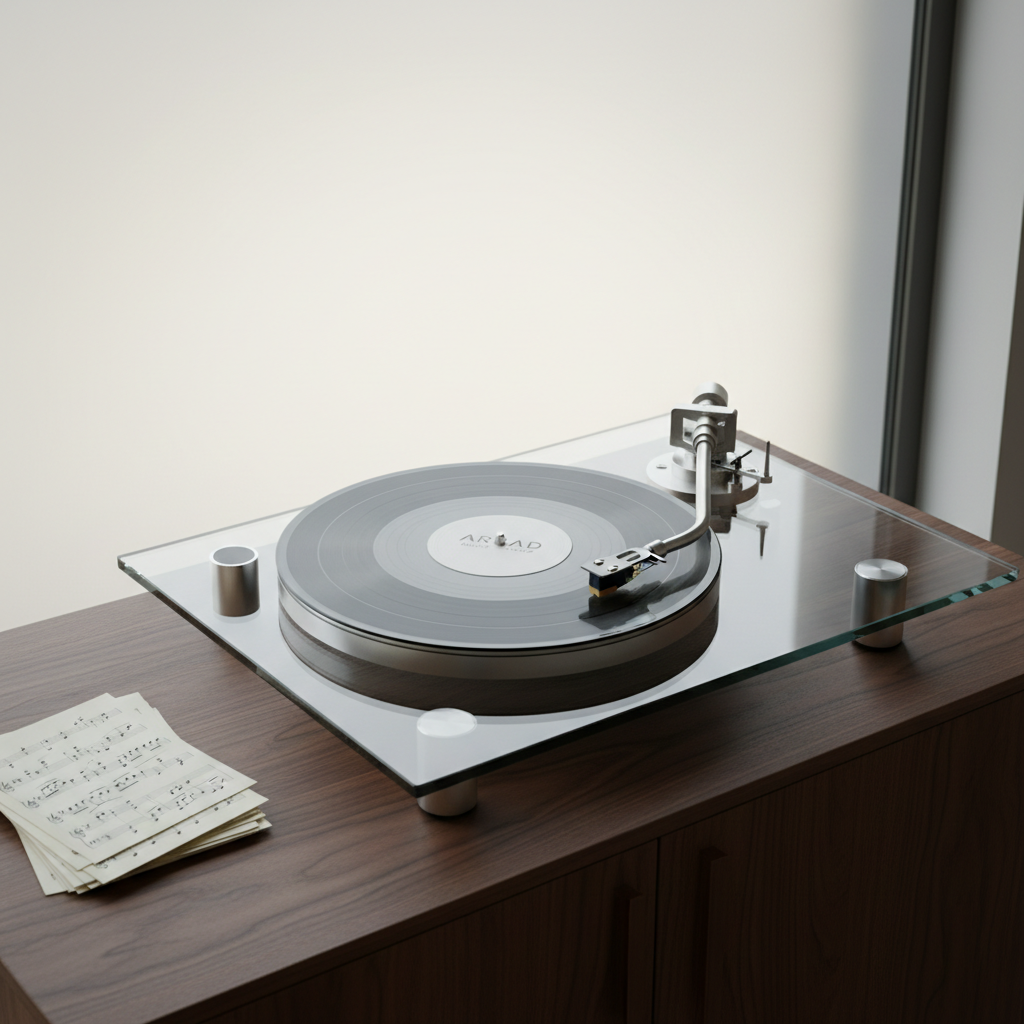 An elegant glass and brushed steel turntable, its tonearm gently hovering above a translucent vinyl record with a minimalist center label. The turntable is positioned on a dark walnut credenza, complemented by a sparse arrangement of neatly stacked sheet music in the background. Subtle gradients in lighting are created by a large frosted window nearby, bathing the setting in soft, neutral light and forming delicate reflections on the glass surface. Captured from a slightly elevated angle, the image exudes a sense of refinement and timeless creativity, underscored by a photographic, minimalist style that epitomizes Arkad Music Group’s dedication to distinctive sound.