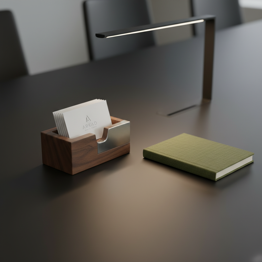 A sleek, handcrafted wood and brushed aluminum business card holder sits prominently on a minimalist matt-black meeting table. Inside, business cards with tastefully embossed Arkad Music Group logos in matte silver are partially visible. A single, compact notebook with a textured linen cover lies adjacent. Gentle, ambient lighting from a modern desk lamp throws delicate highlights and soft gradients across the scene. The composition uses asymmetrical balance, with sharp focus on the holder and gradual softening towards the background. The mood is polished and dignified, perfectly aligning with the sophisticated, contemporary branding of a premier artist agency.