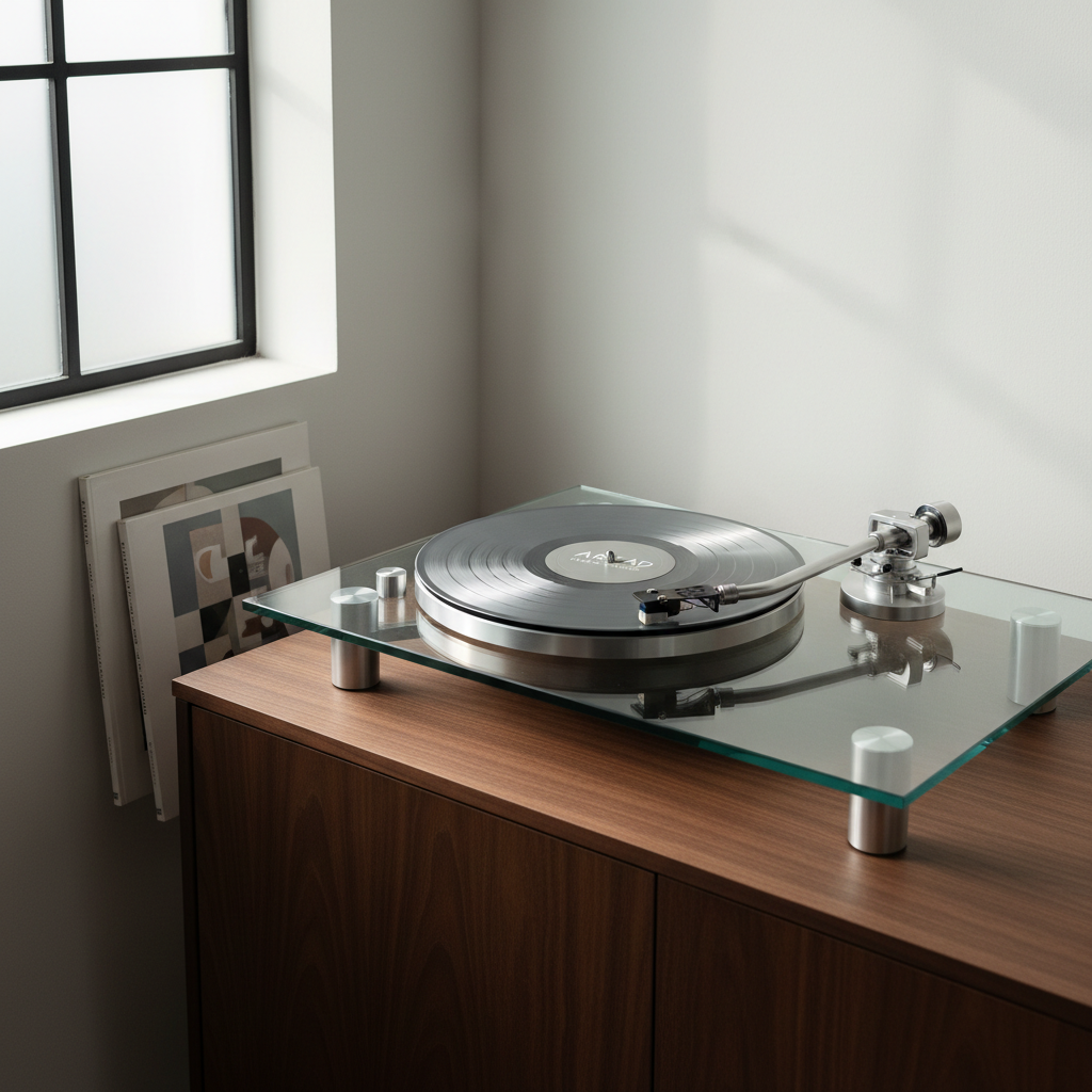 An elegant glass and brushed steel turntable, its tonearm gently hovering above a translucent vinyl record with a minimalist center label. The turntable is positioned on a dark walnut credenza, complemented by a sparse arrangement of neatly stacked sheet music in the background. Subtle gradients in lighting are created by a large frosted window nearby, bathing the setting in soft, neutral light and forming delicate reflections on the glass surface. Captured from a slightly elevated angle, the image exudes a sense of refinement and timeless creativity, underscored by a photographic, minimalist style that epitomizes Arkad Music Group’s dedication to distinctive sound.